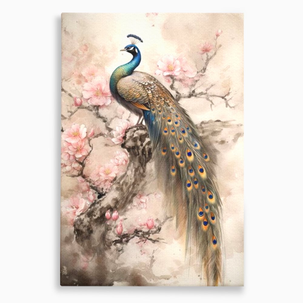 Tablou canvas cu tablou canvas cu paun si flori, fara rama, pe sasiu de lemn