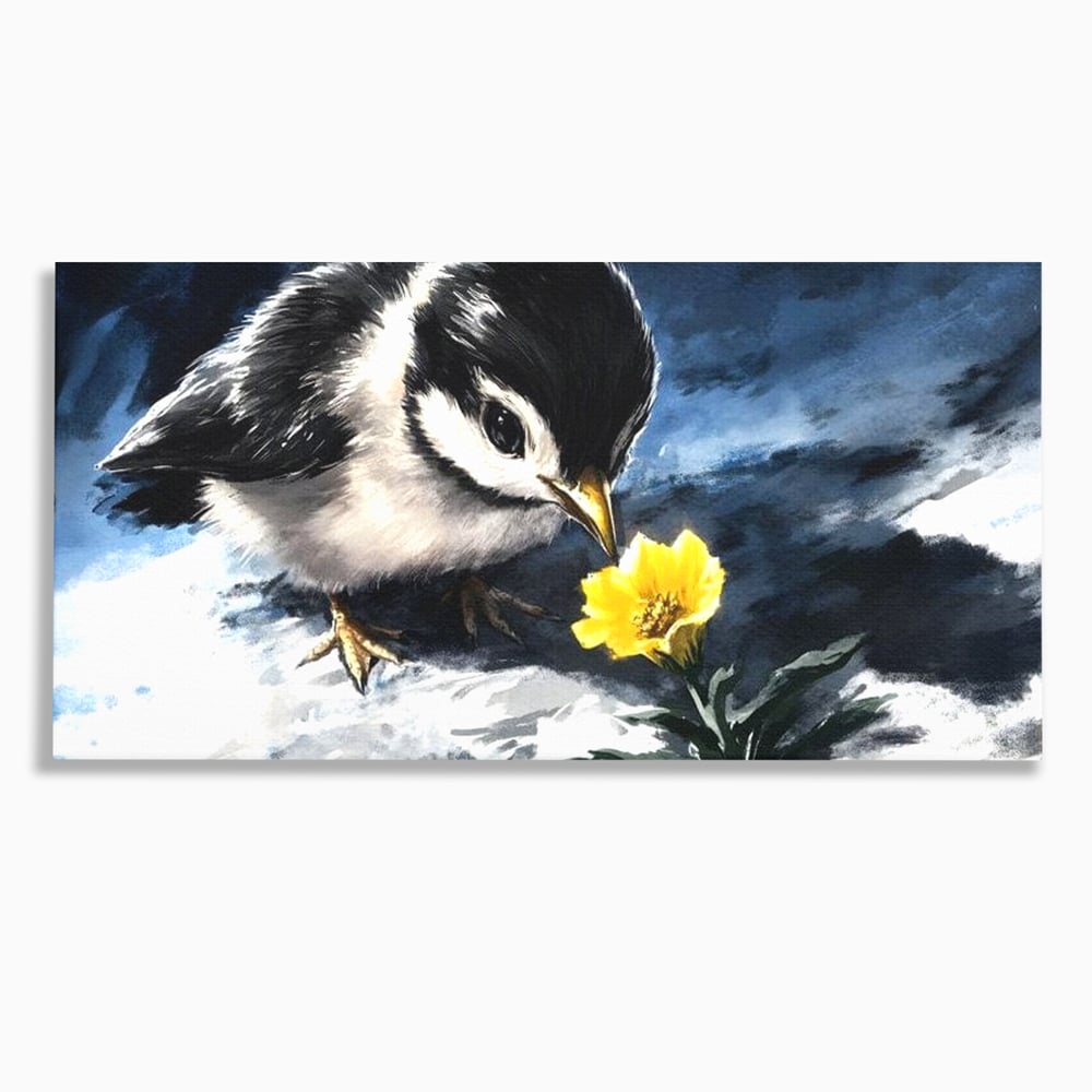 Tablou canvas cu tablou canvas cu pui de pasare si floare galbena, fara rama, pe sasiu de lemn