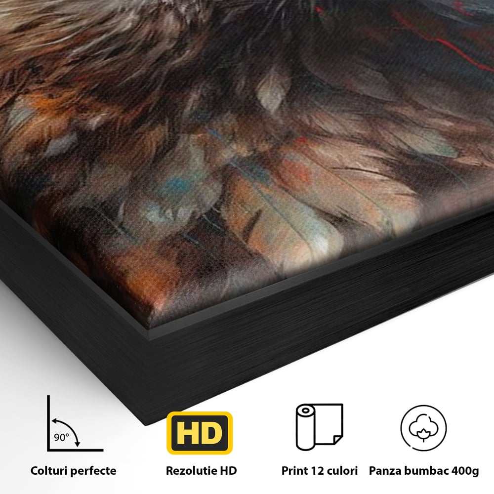 Detaliu al suprafetei: tablou canvas cu vultur stilizat, in rama de aluminiu negru