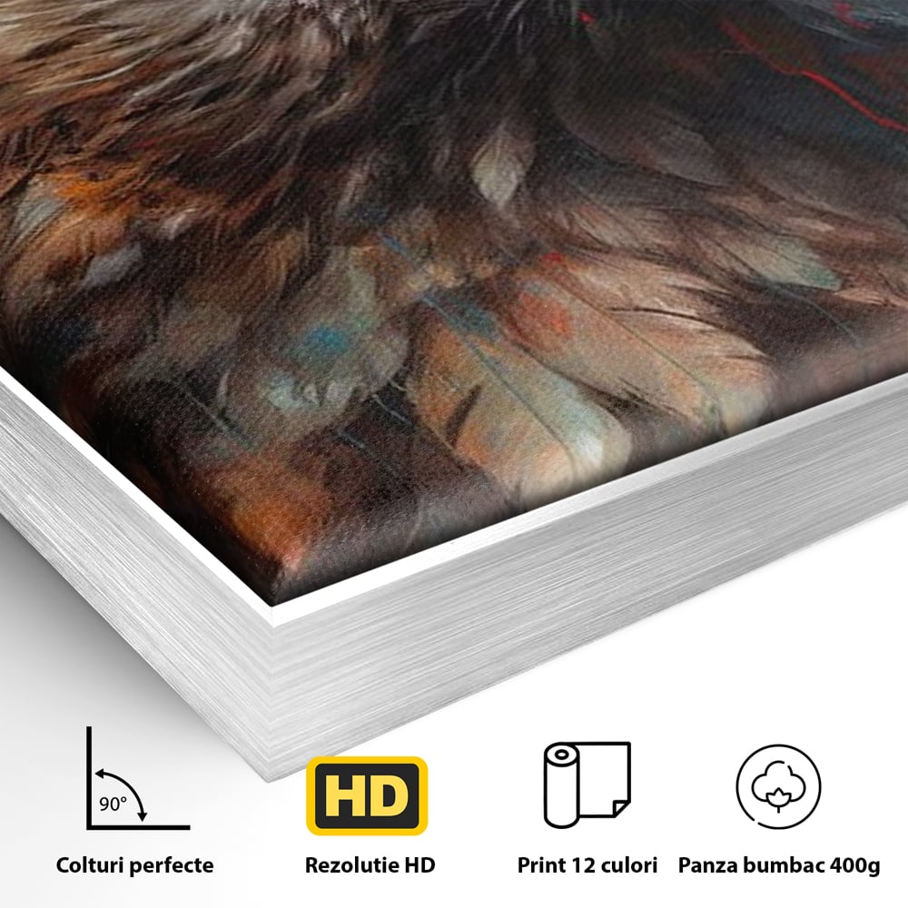 Detaliu al suprafetei: tablou canvas cu vultur stilizat, in rama de aluminiu argintiu