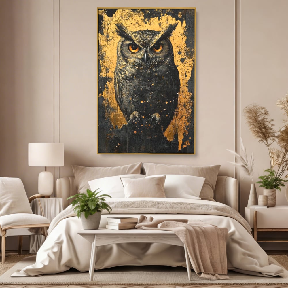 Tablou canvas cu tablou canvas cu bufnita neagra si fundal auriu, in rama de aluminiu auriu, pe perete intr-un dormitor