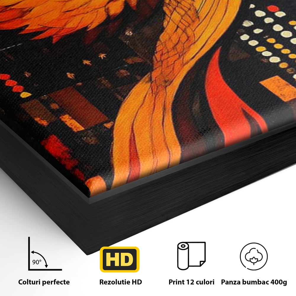 Detaliu al suprafetei: tablou canvas cu pasarea phoenix, in rama de aluminiu negru