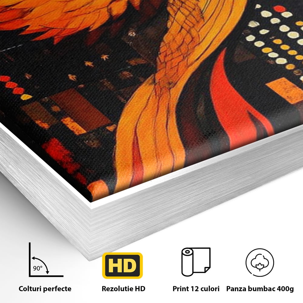 Detaliu al suprafetei: tablou canvas cu pasarea phoenix, in rama de aluminiu argintiu