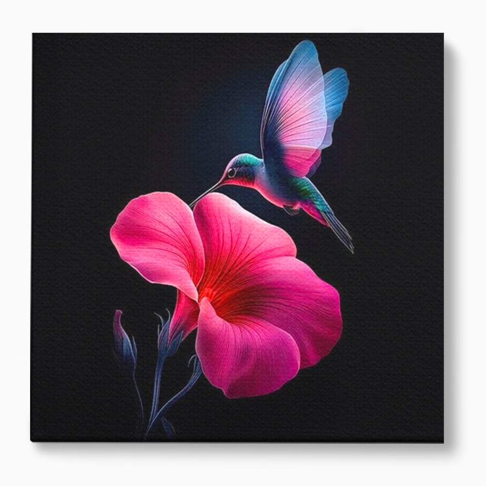 Tablou canvas cu ilustratie digitala cu colibri si floare roz, fara rama, pe sasiu de lemn