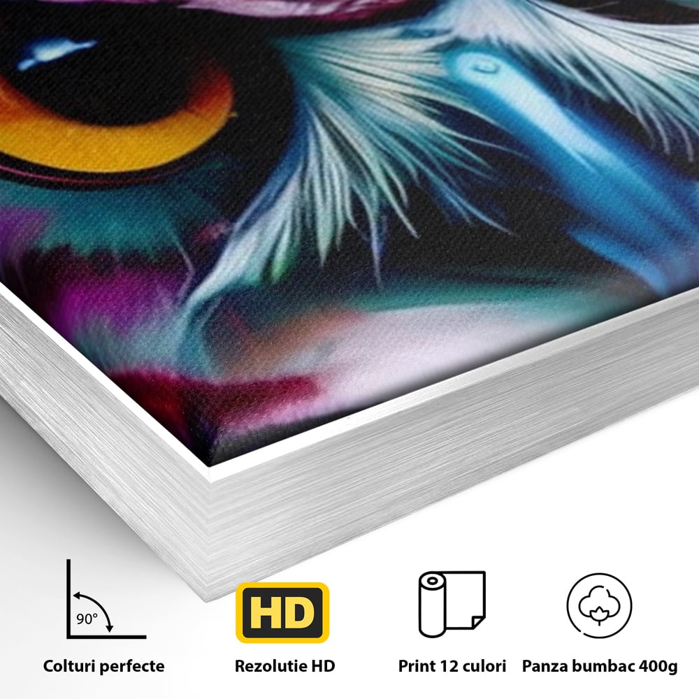 Detaliu al suprafetei: portret digital de bufnita colorata, in rama de aluminiu argintiu