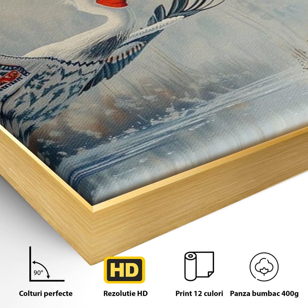 Detaliu al suprafetei: tablou canvas cu pelican in zbor, in rama de aluminiu auriu
