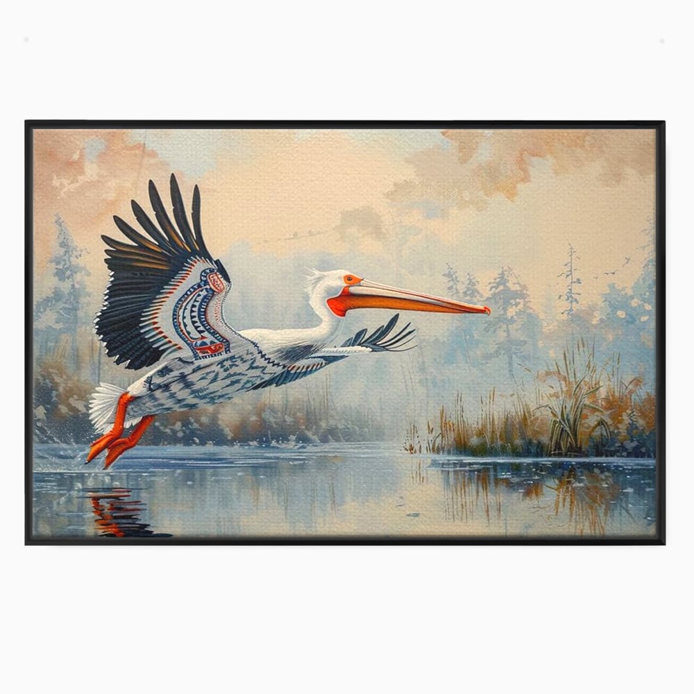 Tablou canvas cu tablou canvas cu pelican in zbor, in rama de aluminiu negru