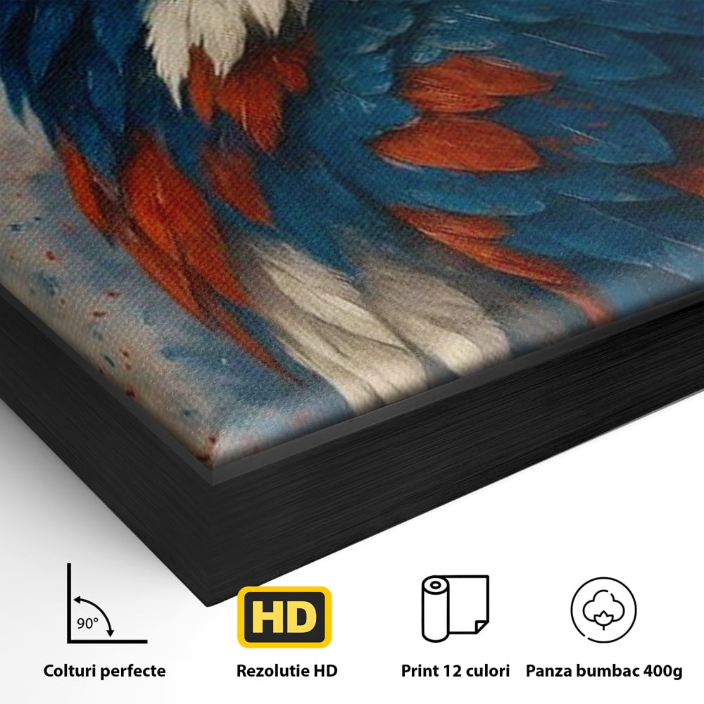 Detaliu al suprafetei: tablou canvas cu vultur american pictat, in rama de aluminiu negru
