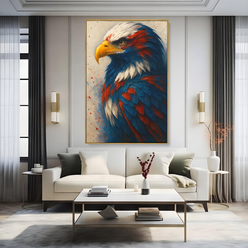 Tablou canvas cu tablou canvas cu vultur american pictat, in rama de aluminiu auriu, pe perete intr-un living