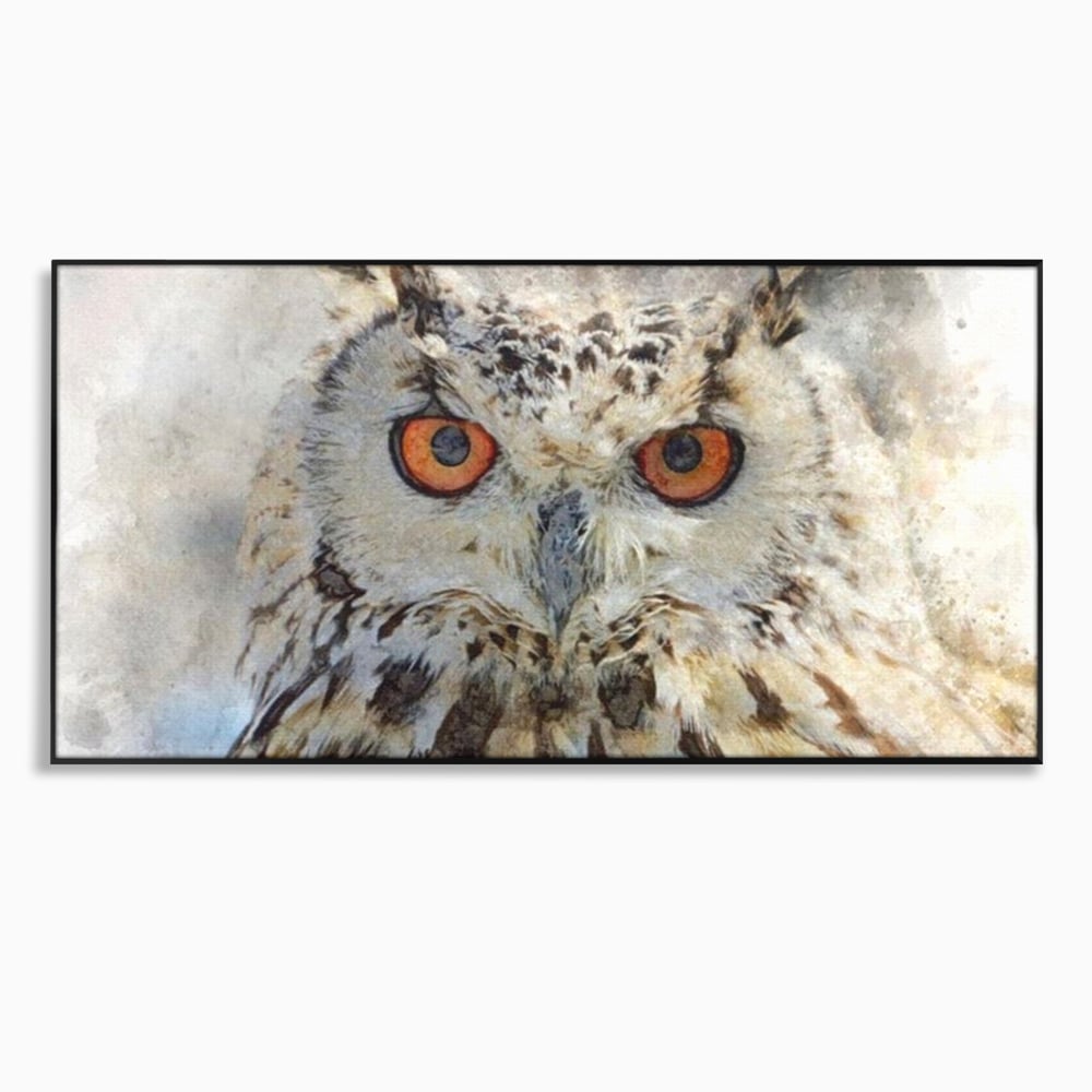 Tablou canvas cu tablou canvas cu bufnita pictata, in rama de aluminiu negru