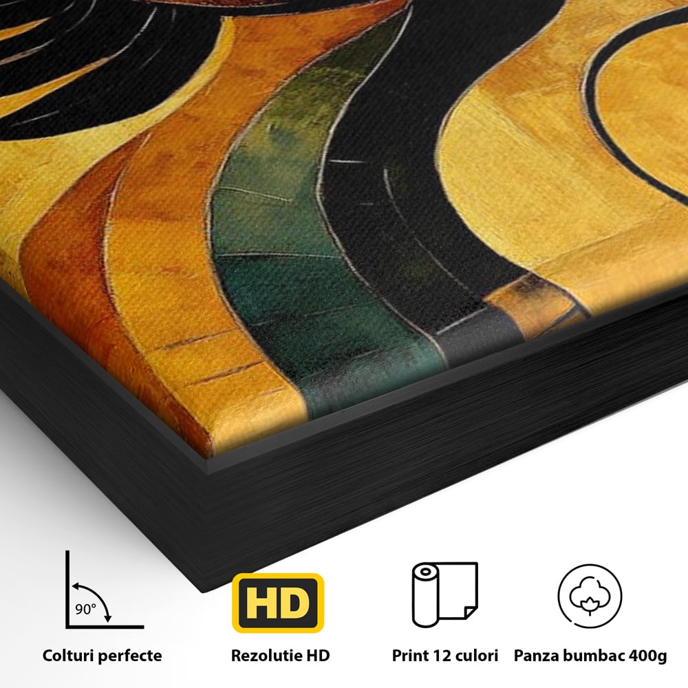 Detaliu al suprafetei: tablou canvas cu pasare mitologica neagra, in rama de aluminiu negru