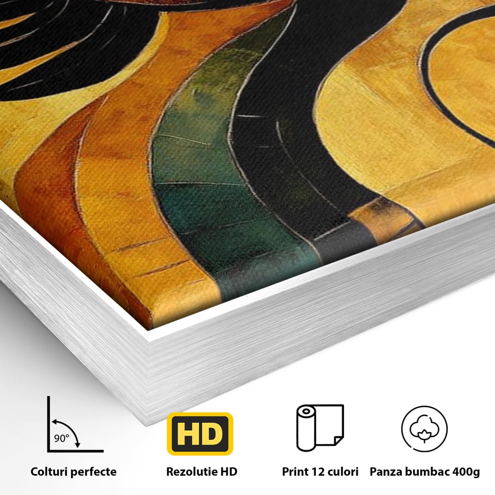 Detaliu al suprafetei: tablou canvas cu pasare mitologica neagra, in rama de aluminiu argintiu