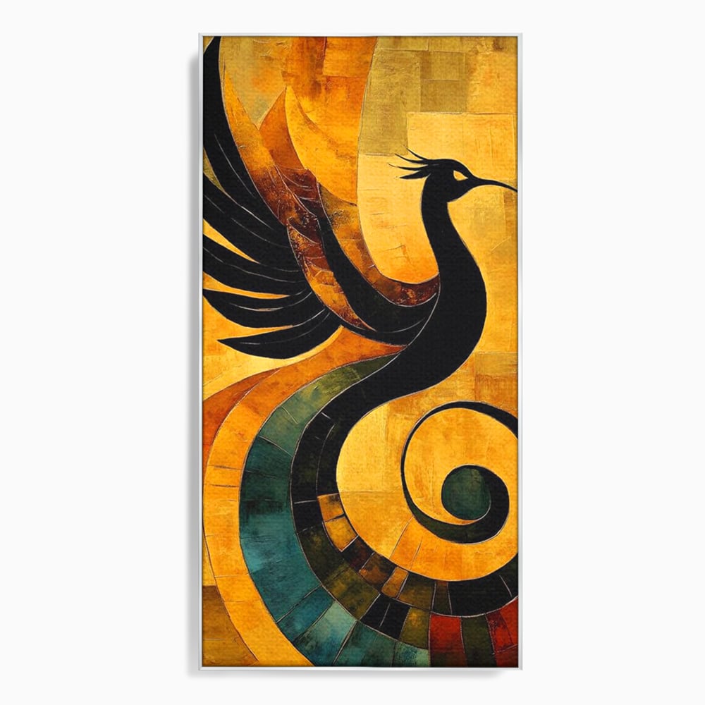 Tablou canvas cu tablou canvas cu pasare mitologica neagra, in rama de aluminiu argintiu