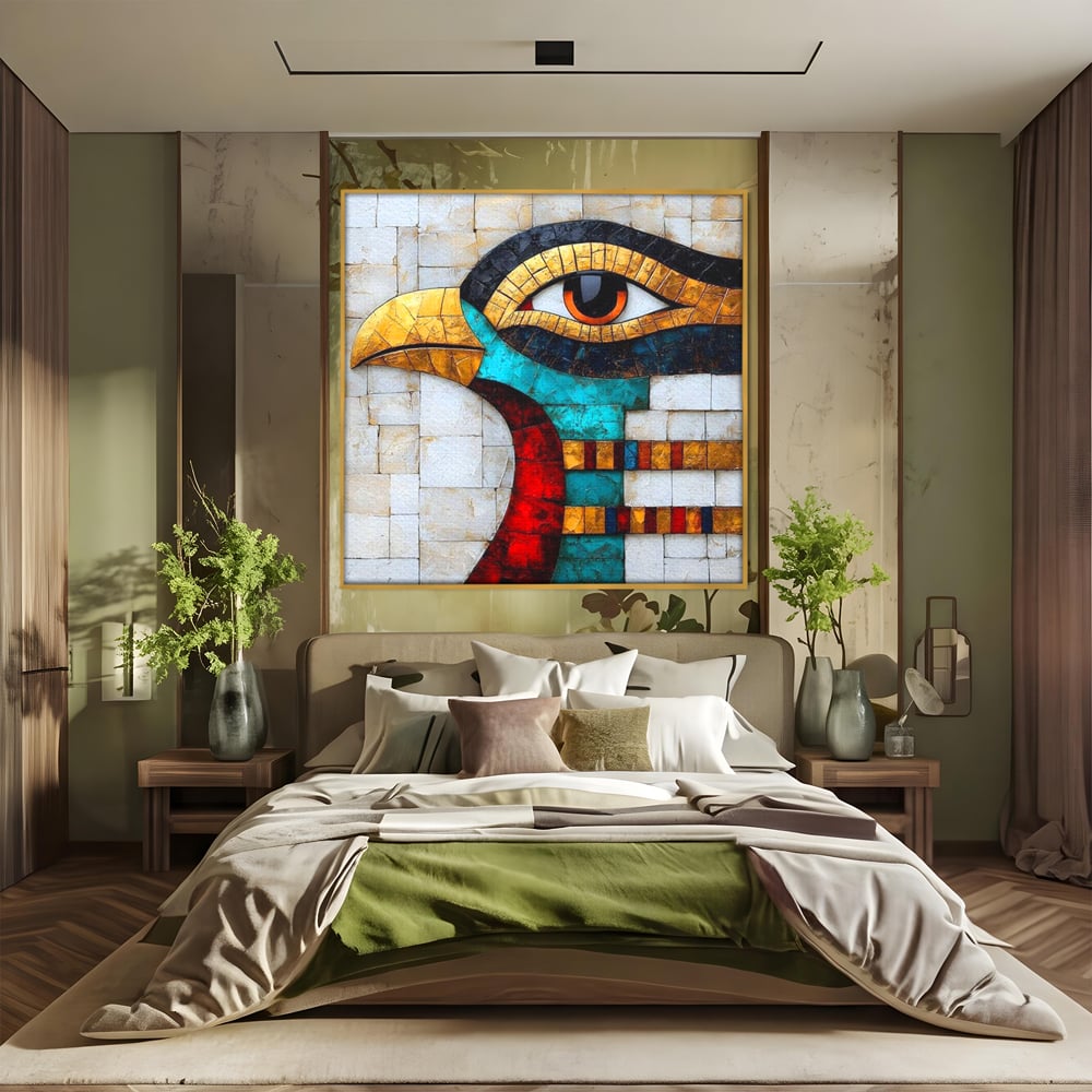 Tablou canvas cu tablou canvas cu mozaic egiptean si ochiul lui horus, in rama de aluminiu auriu, pe perete intr-un dormitor