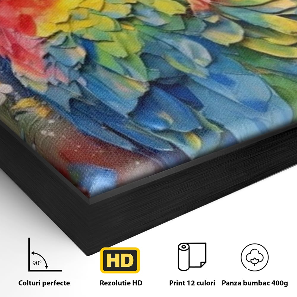 Detaliu al suprafetei: tablou canvas cu papagal colorat, in rama de aluminiu negru