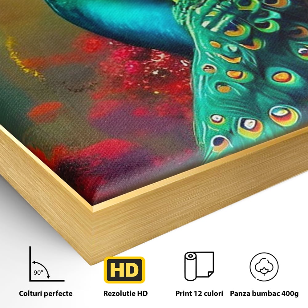 Detaliu al suprafetei: tablou canvas cu paun in profile, in rama de aluminiu auriu