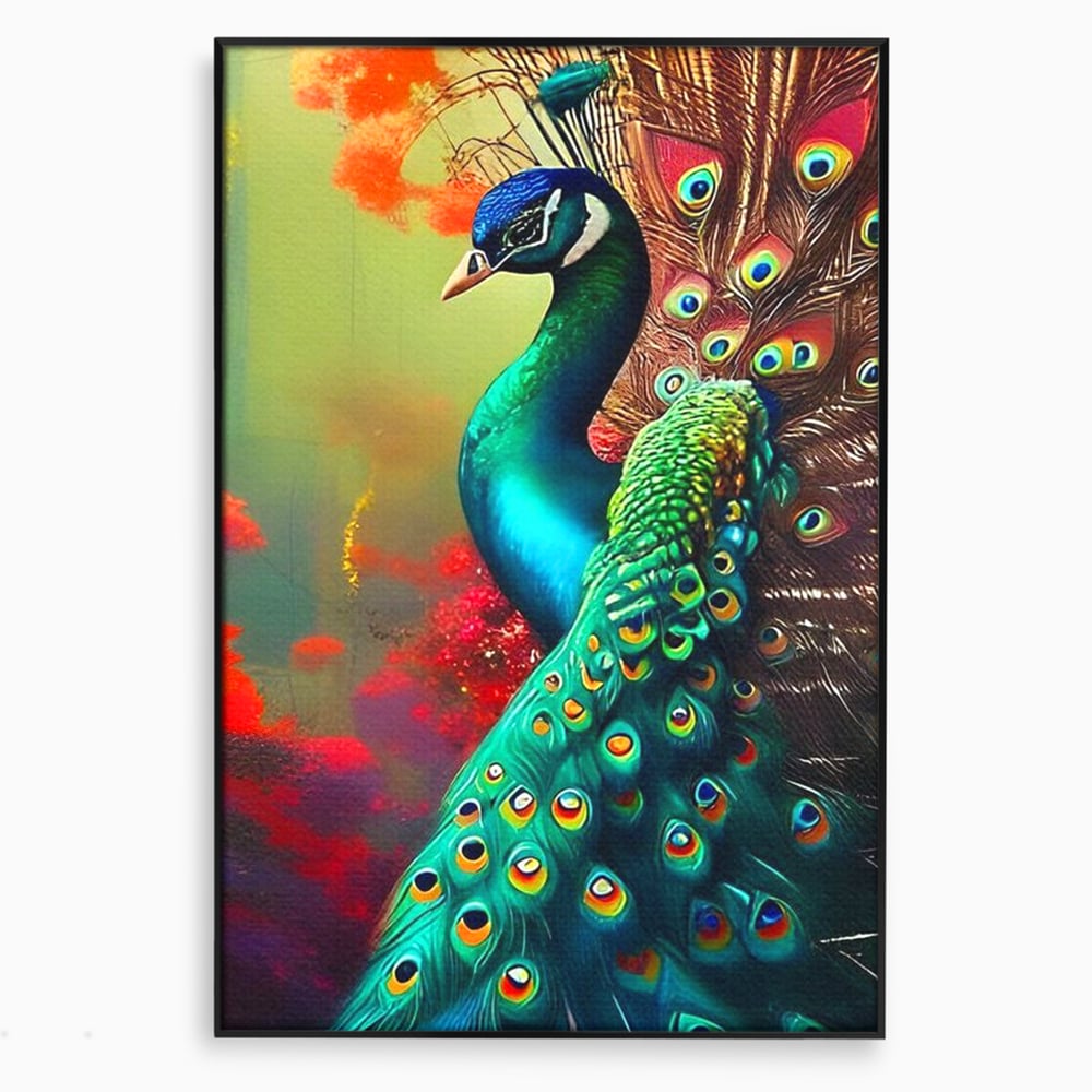 Tablou canvas cu tablou canvas cu paun in profile, in rama de aluminiu negru