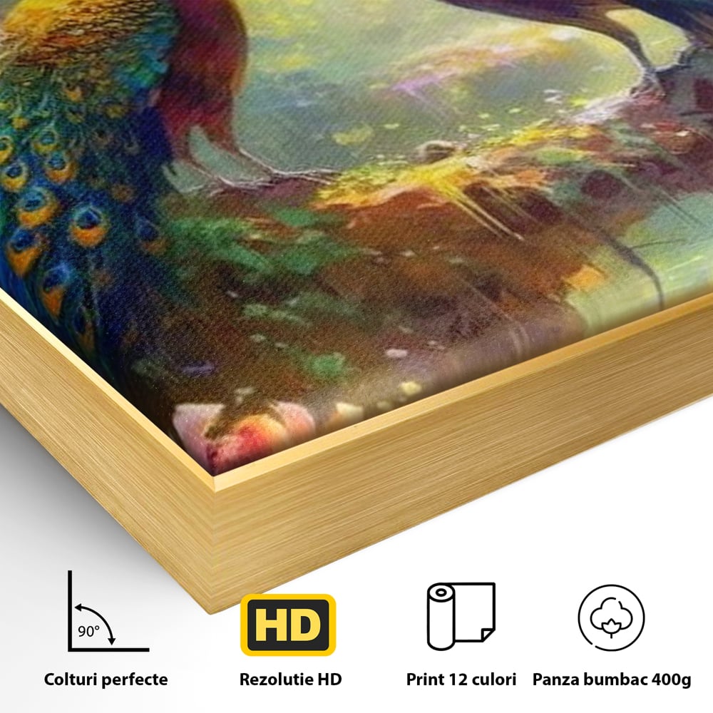 Detaliu al suprafetei: tablou canvas cu doi pauni colorati, in rama de aluminiu auriu
