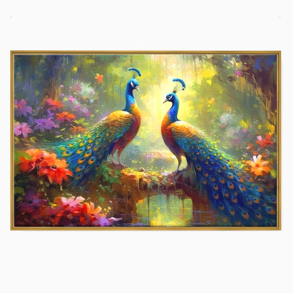Tablou canvas cu tablou canvas cu doi pauni colorati, in rama de aluminiu auriu
