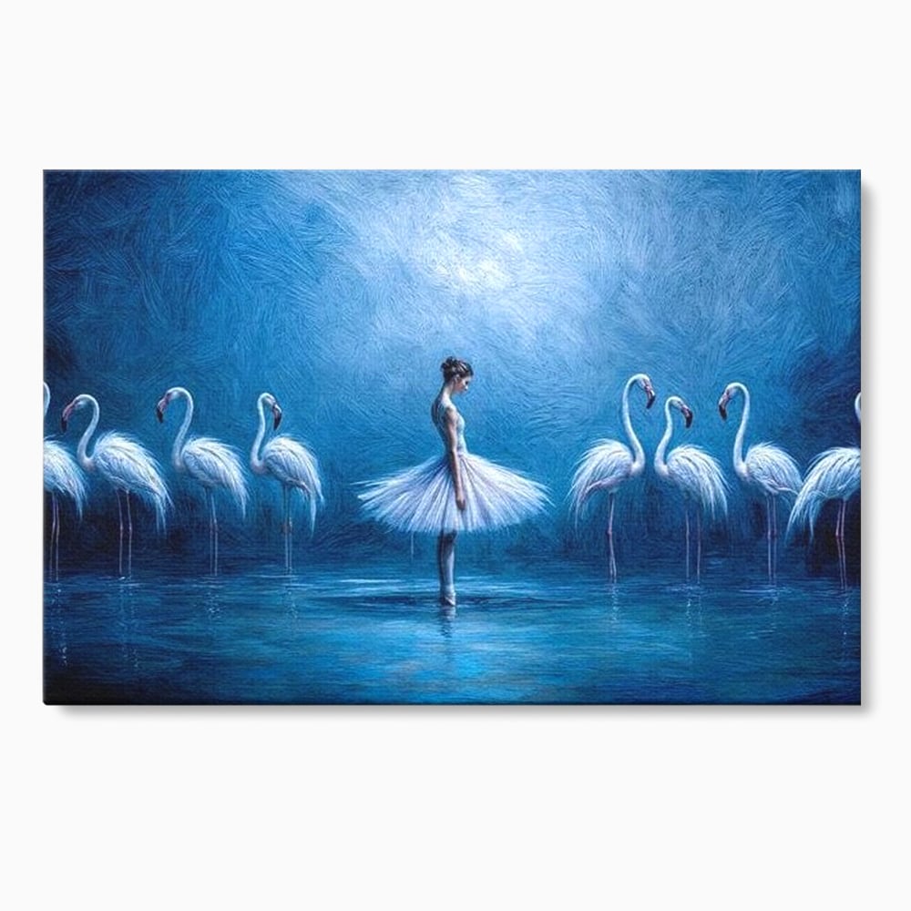 Tablou canvas cu tablou canvas cu balerina si flamingo, fara rama, pe sasiu de lemn