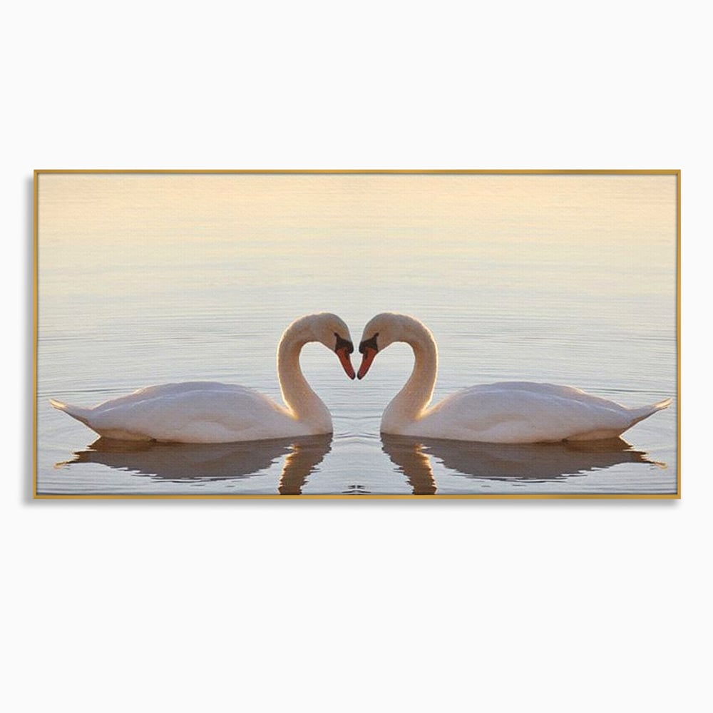Tablou canvas cu tablou canvas cu lebede pe lac, in rama de aluminiu auriu