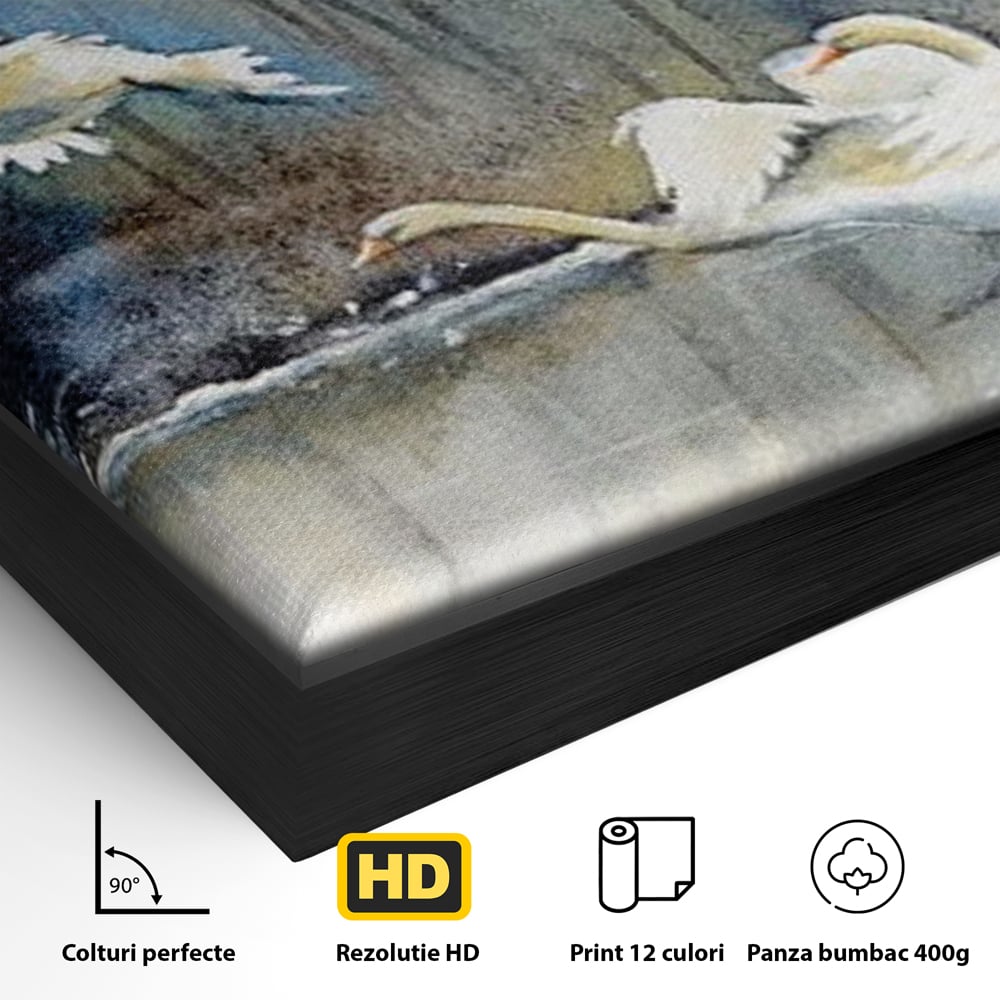 Detaliu al suprafetei: pictura cu lebede pe apa, in rama de aluminiu negru
