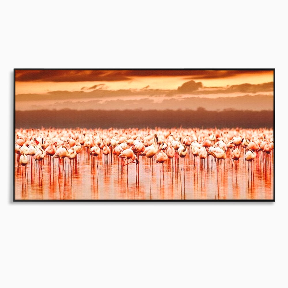 Tablou canvas cu tablou canvas cu stol de flamingo la apus, in rama de aluminiu negru