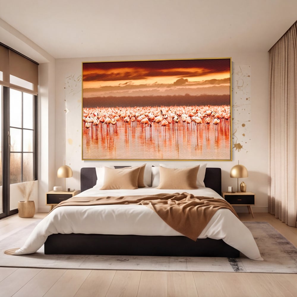 Tablou canvas cu tablou canvas cu stol de flamingo la apus, in rama de aluminiu auriu, pe perete intr-un dormitor