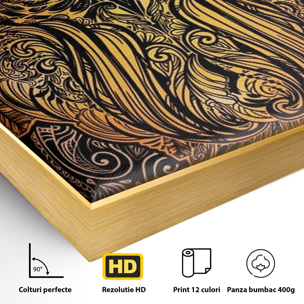 Detaliu al suprafetei: tablou canvas cu bufnita ornamentala, in rama de aluminiu auriu