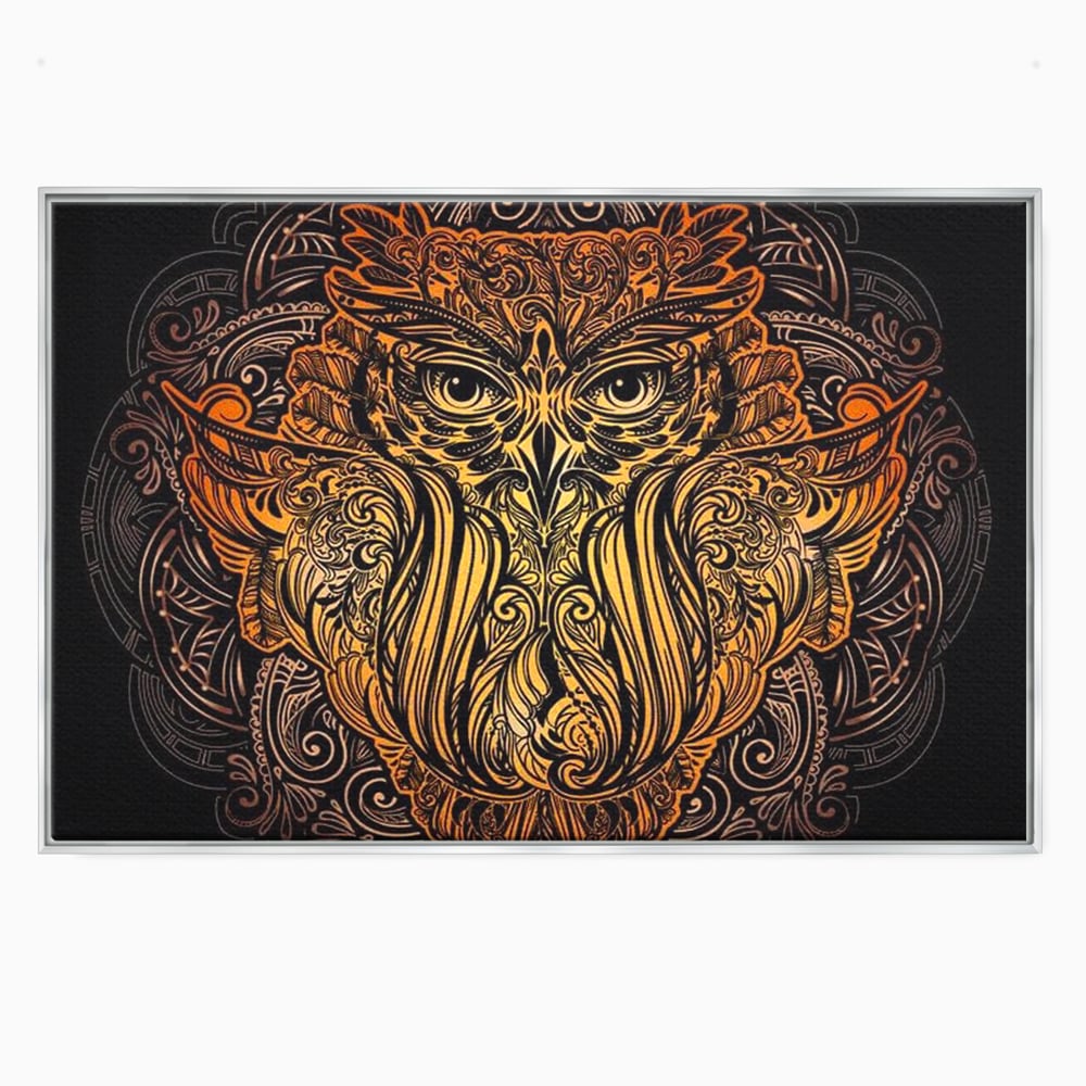 Tablou canvas cu tablou canvas cu bufnita ornamentala, in rama de aluminiu argintiu
