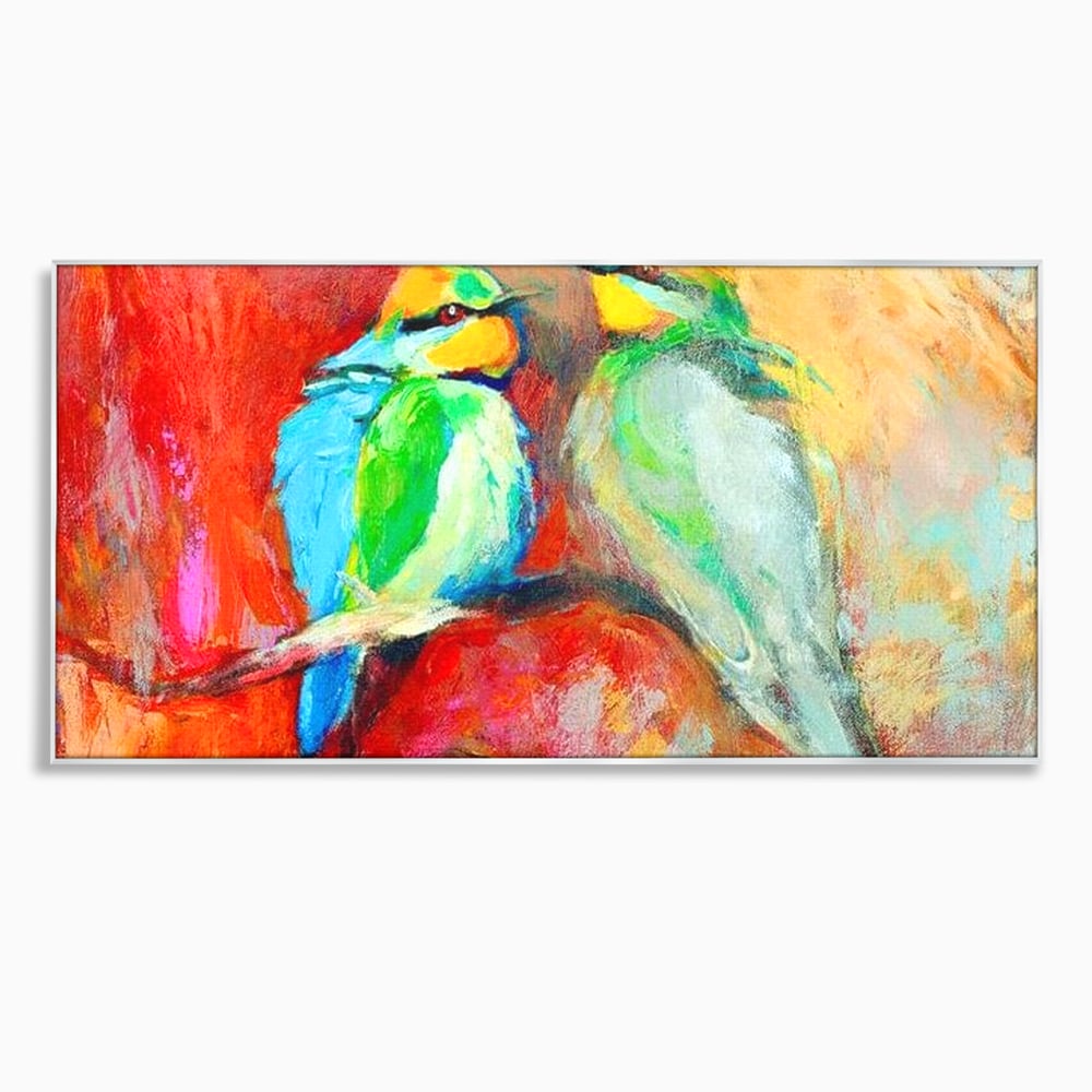 Tablou canvas cu tablou canvas cu doua pasari colorate pe creanga, in rama de aluminiu argintiu