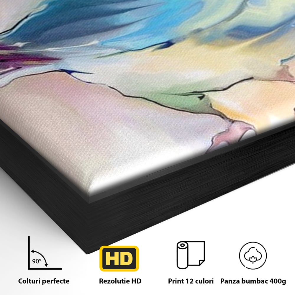 Detaliu al suprafetei: tablou canvas cu pasare colorata in acuarela, in rama de aluminiu negru