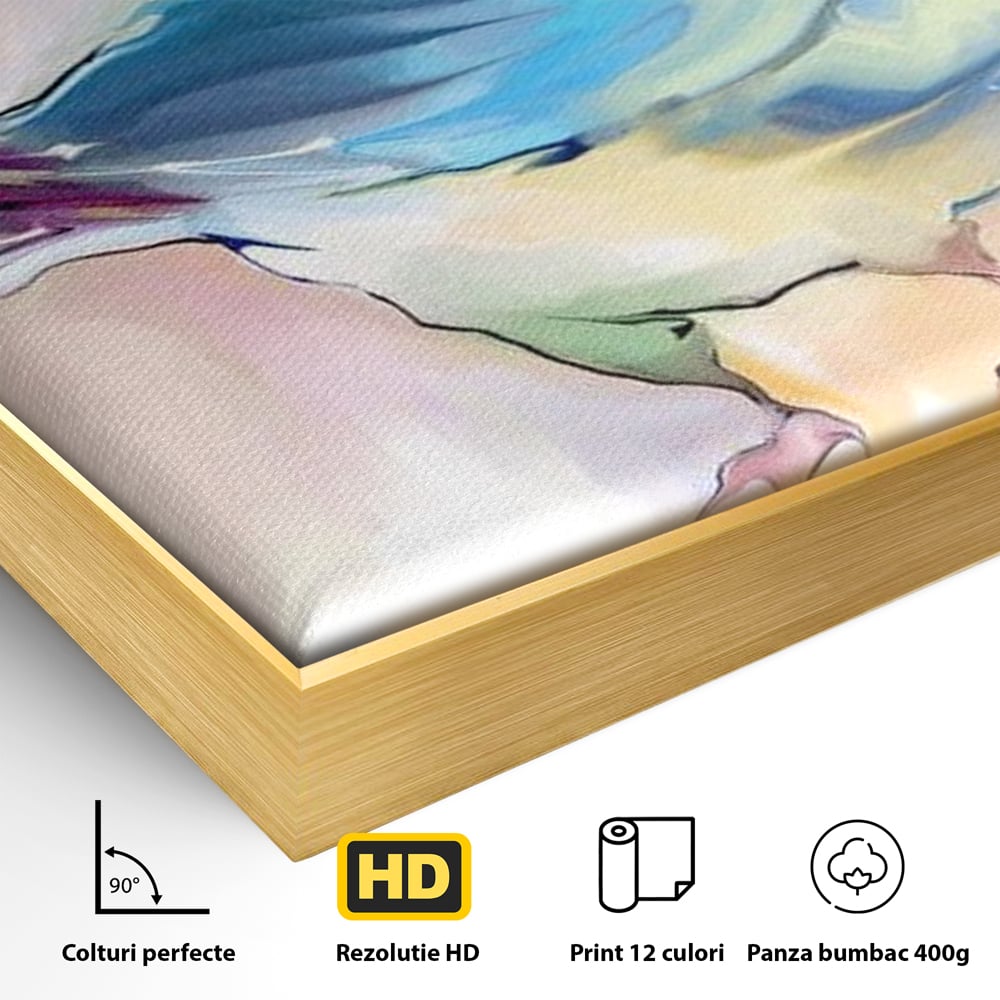 Detaliu al suprafetei: tablou canvas cu pasare colorata in acuarela, in rama de aluminiu auriu