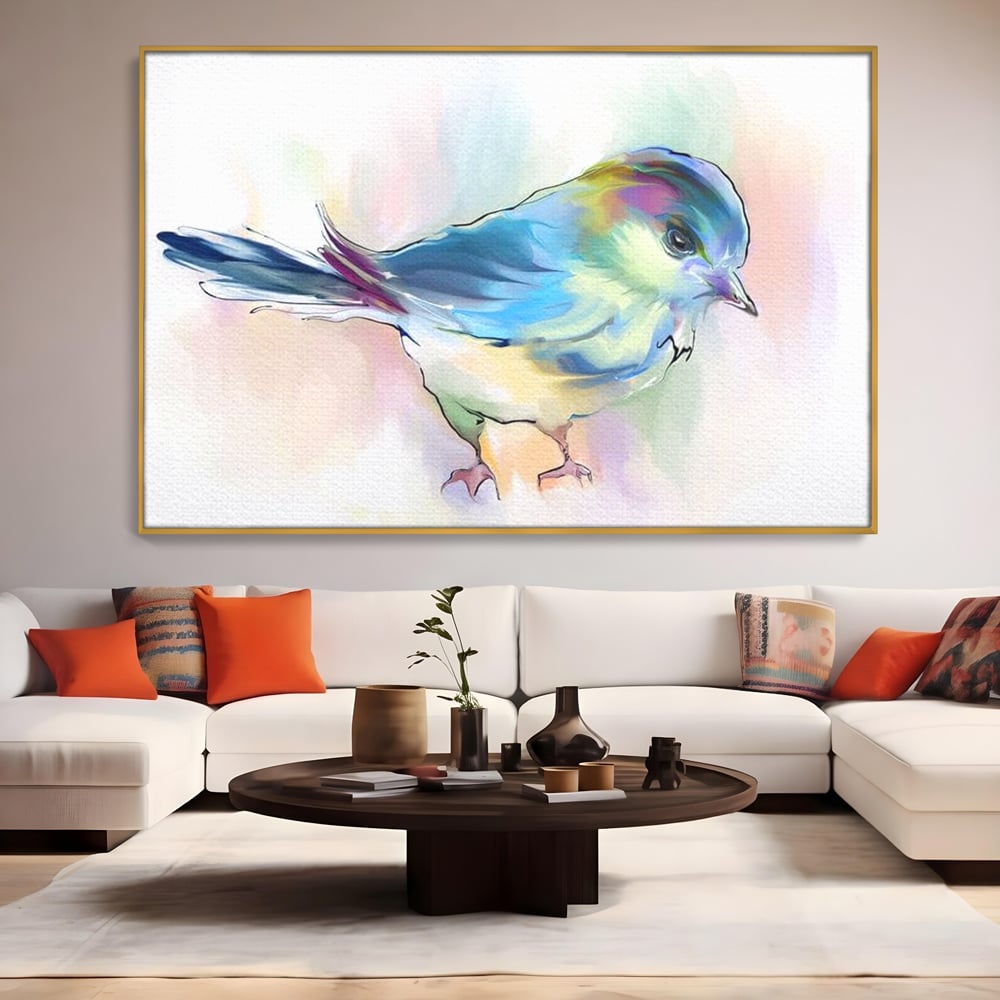 Tablou canvas cu tablou canvas cu pasare colorata in acuarela, in rama de aluminiu auriu, pe perete intr-un living
