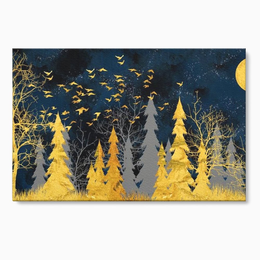 Tablou canvas cu tablou canvas cu padure aurie noaptea, fara rama, pe sasiu de lemn