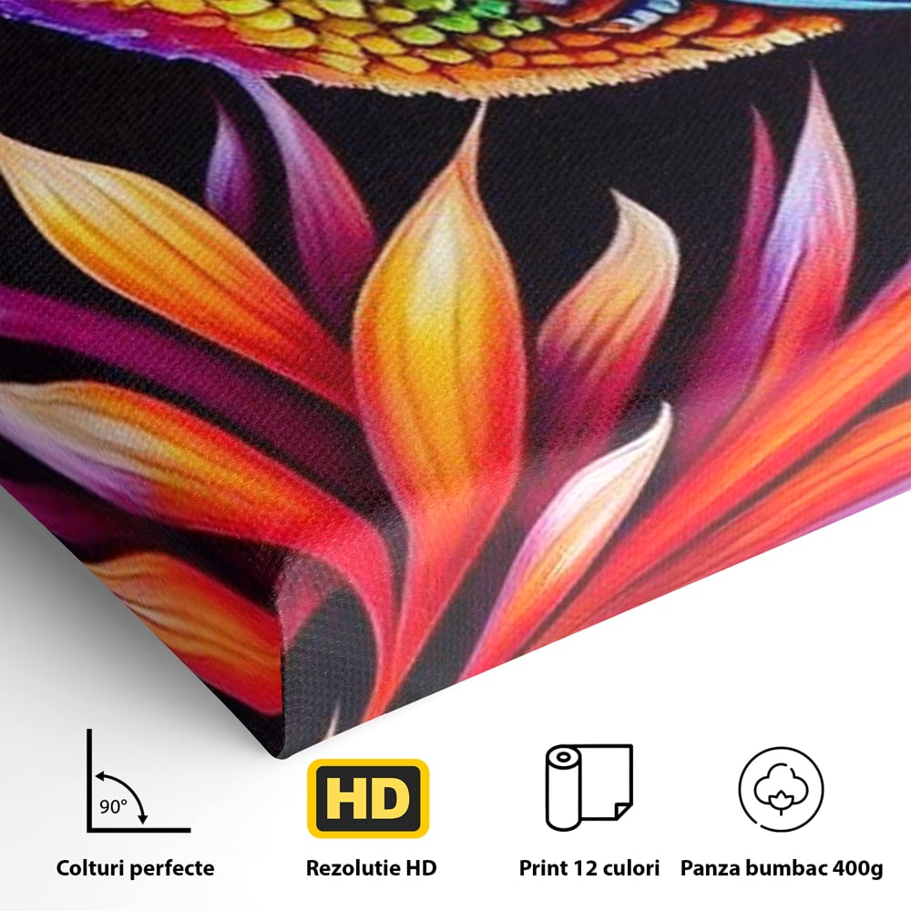 Detaliu al suprafetei: tablou canvas cu colibri multicolor, fara rama, pe sasiu de lemn