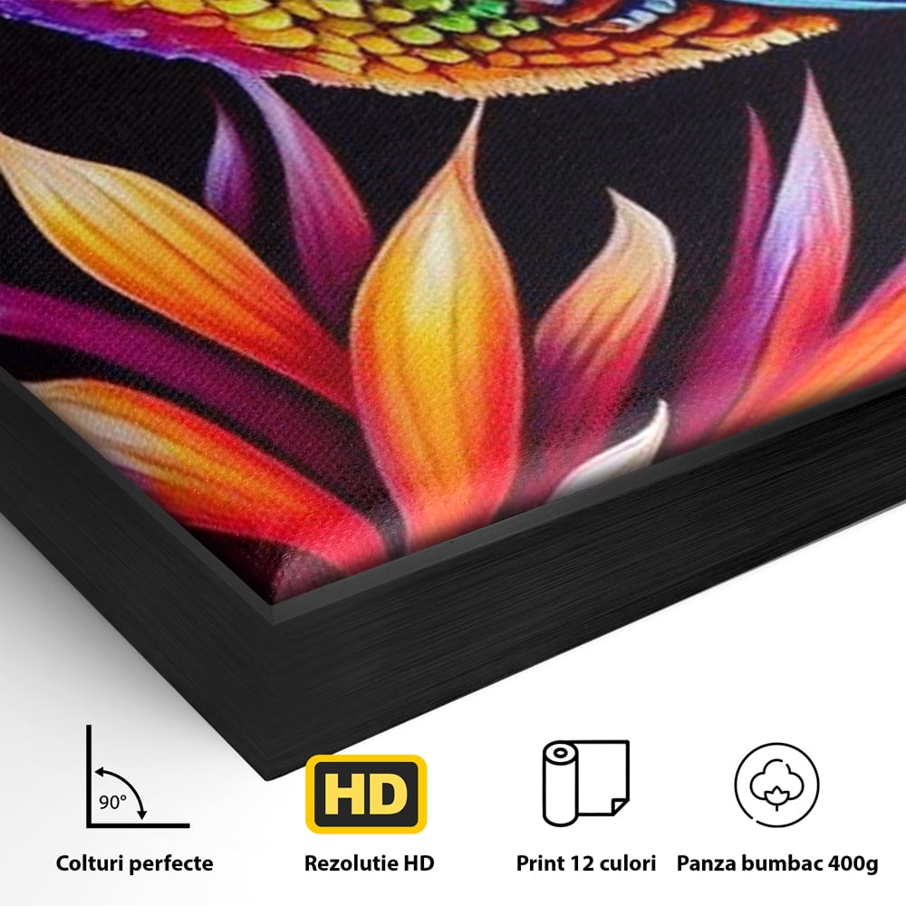 Detaliu al suprafetei: tablou canvas cu colibri multicolor, in rama de aluminiu negru