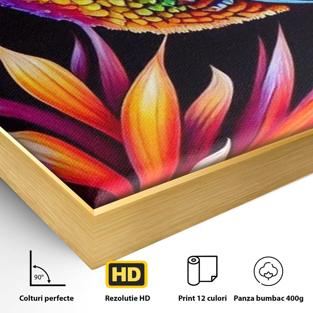 Detaliu al suprafetei: tablou canvas cu colibri multicolor, in rama de aluminiu auriu