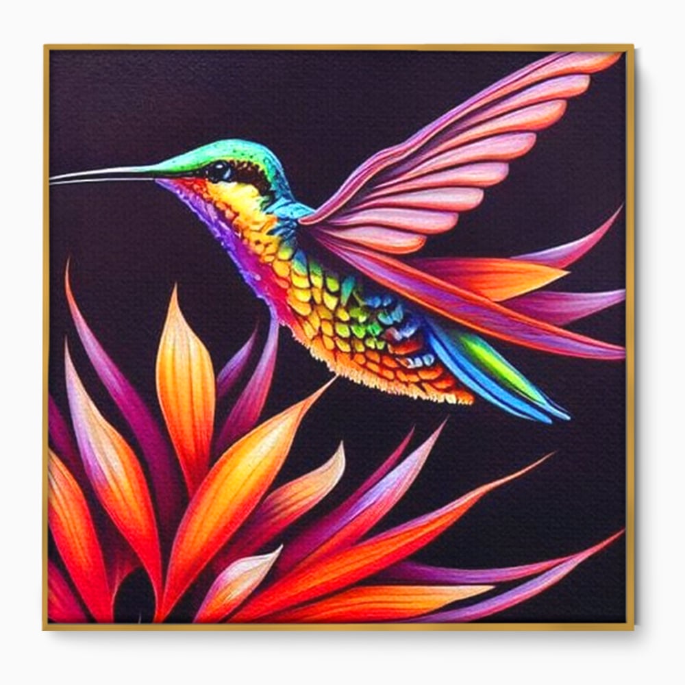 Tablou canvas cu tablou canvas cu colibri multicolor, in rama de aluminiu auriu