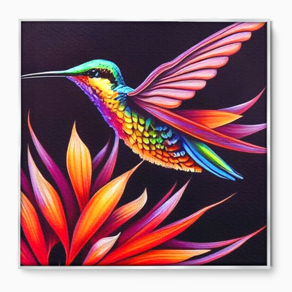 Tablou canvas cu tablou canvas cu colibri multicolor, in rama de aluminiu argintiu