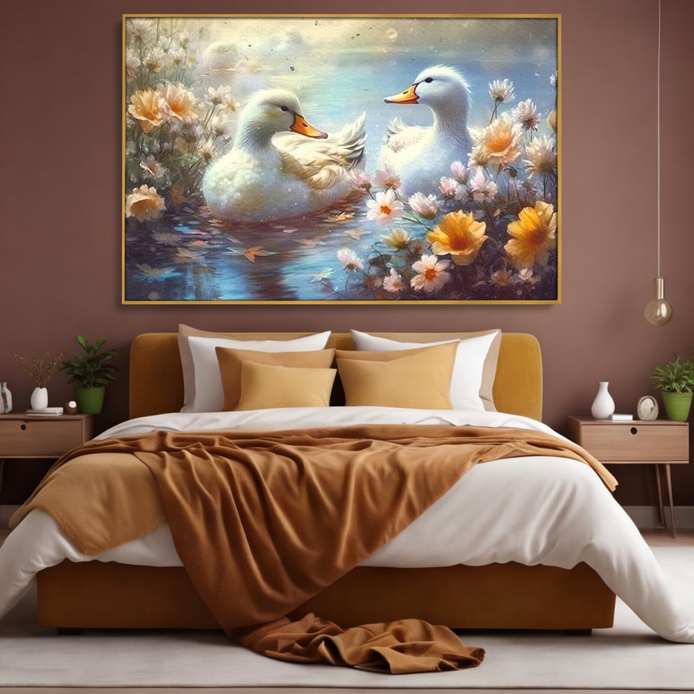 Tablou canvas cu tablou canvas cu rate pe lac, in rama de aluminiu auriu, pe perete intr-un dormitor