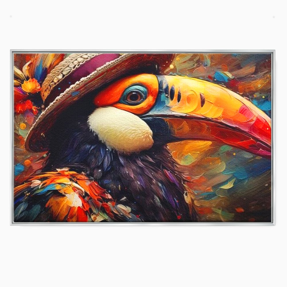 Tablou canvas cu tablou cu portret de tucan cu palarie, in rama de aluminiu argintiu