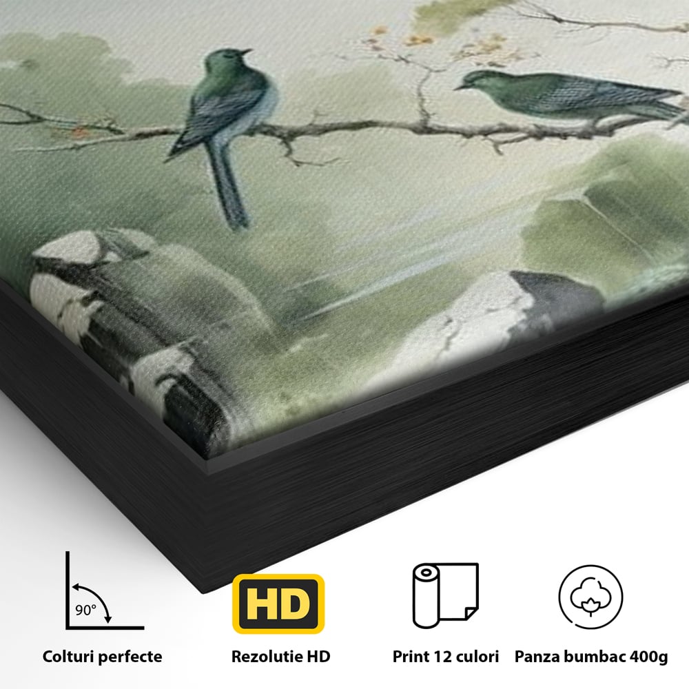 Detaliu al suprafetei: tablou canvas cu pasari pe creanga si peisaj zen, in rama de aluminiu negru