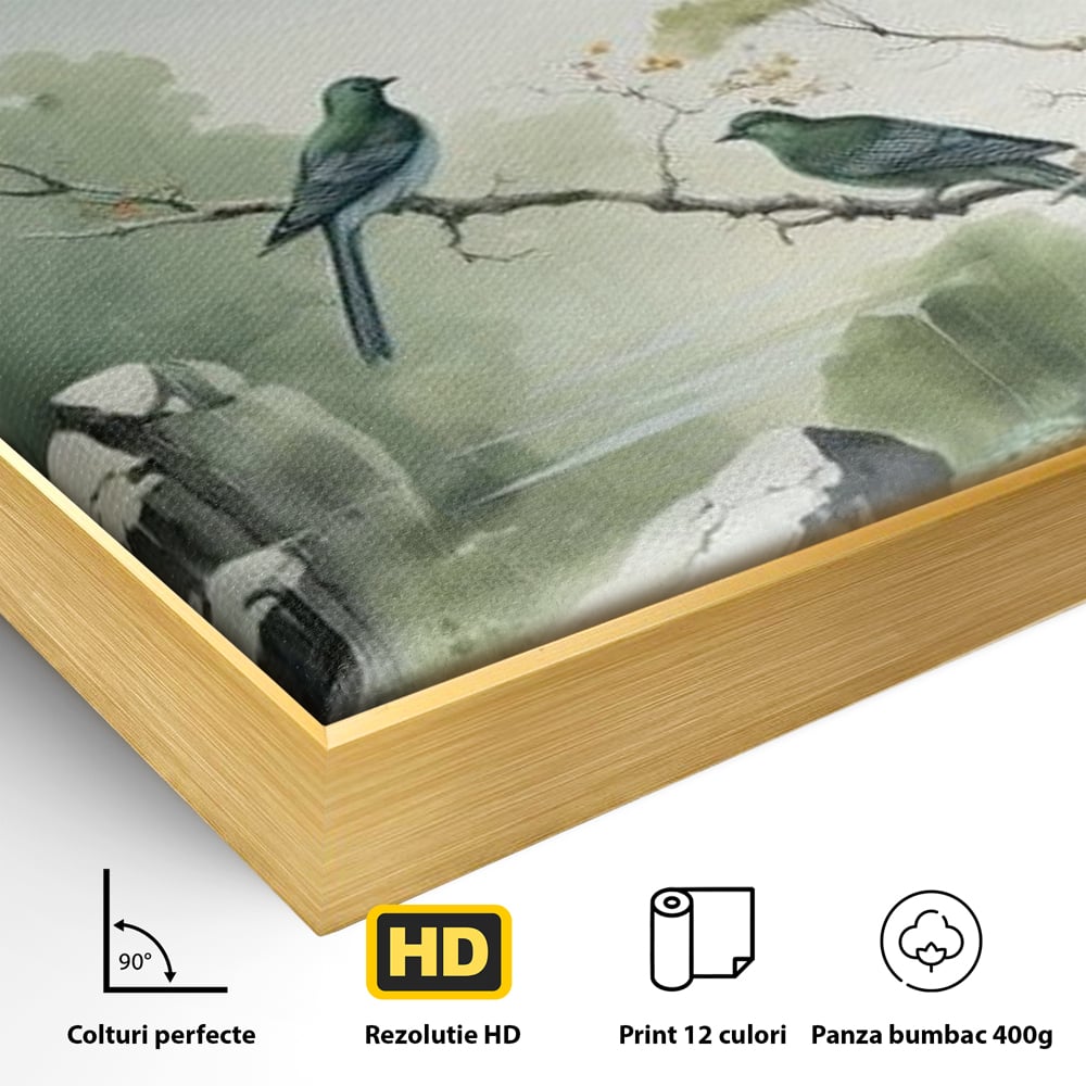 Detaliu al suprafetei: tablou canvas cu pasari pe creanga si peisaj zen, in rama de aluminiu auriu