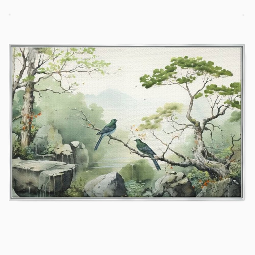 Tablou canvas cu tablou canvas cu pasari pe creanga si peisaj zen, in rama de aluminiu argintiu
