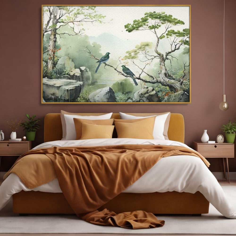 Tablou canvas cu tablou canvas cu pasari pe creanga si peisaj zen, in rama de aluminiu auriu, pe perete intr-un dormitor