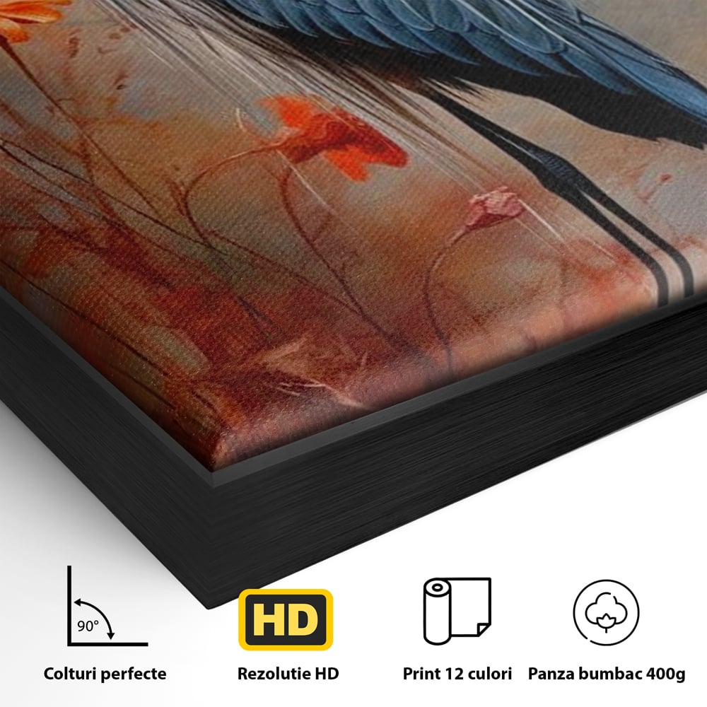 Detaliu al suprafetei: tablou canvas cu pasare starc si flori, in rama de aluminiu negru