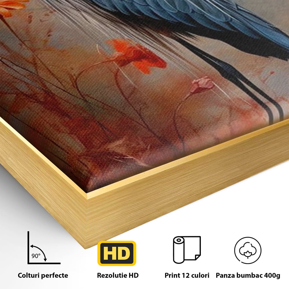 Detaliu al suprafetei: tablou canvas cu pasare starc si flori, in rama de aluminiu auriu