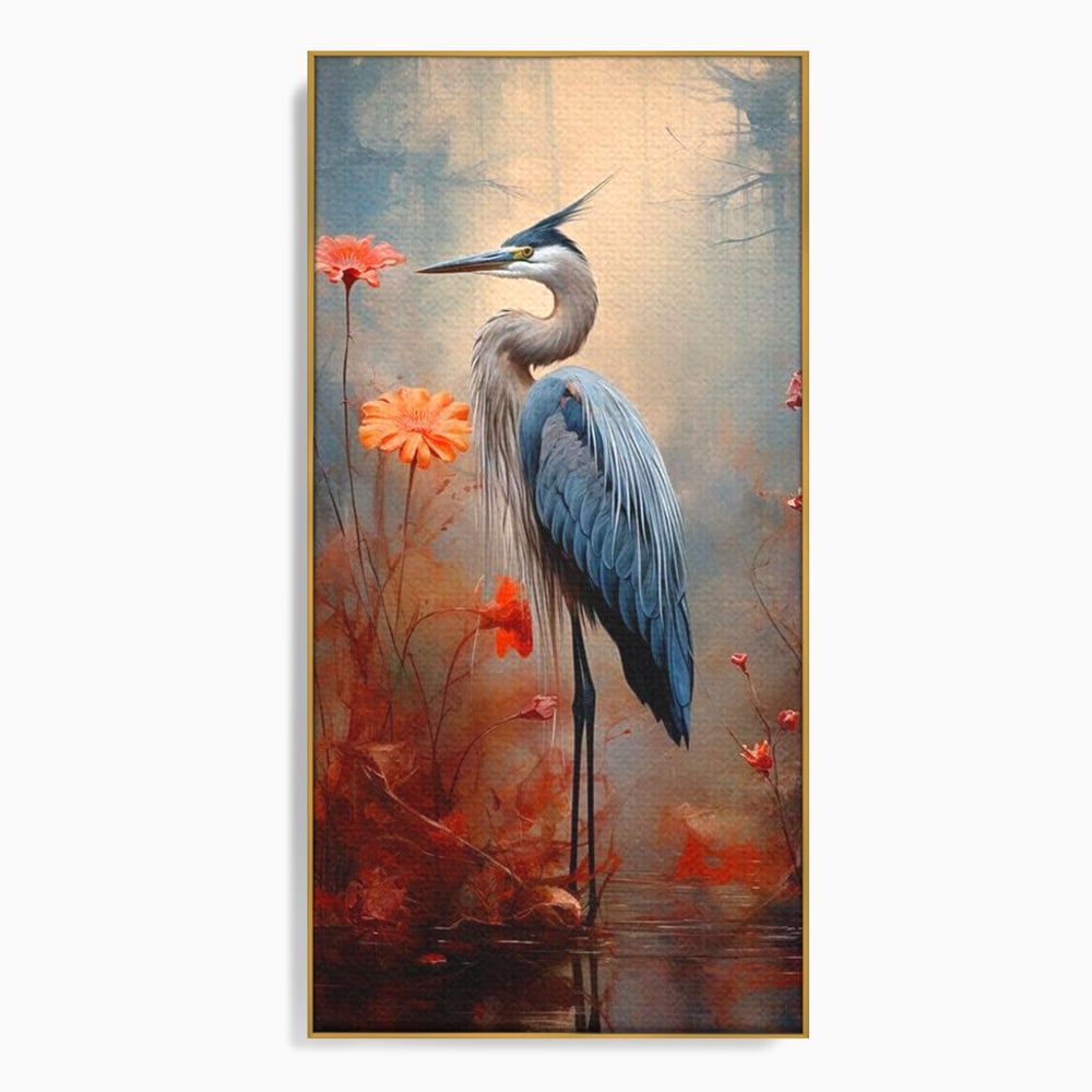 Tablou canvas cu tablou canvas cu pasare starc si flori, in rama de aluminiu auriu