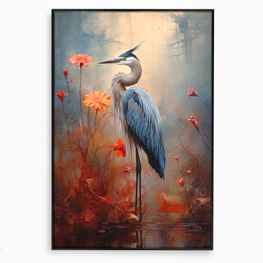 Tablou canvas cu tablou canvas cu pasare starc si flori, in rama de aluminiu negru